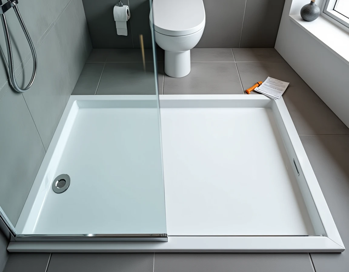 Receveur de douche extra plat affleurant le carrelage dans une salle de bain moderne avec siphon linéaire chromé