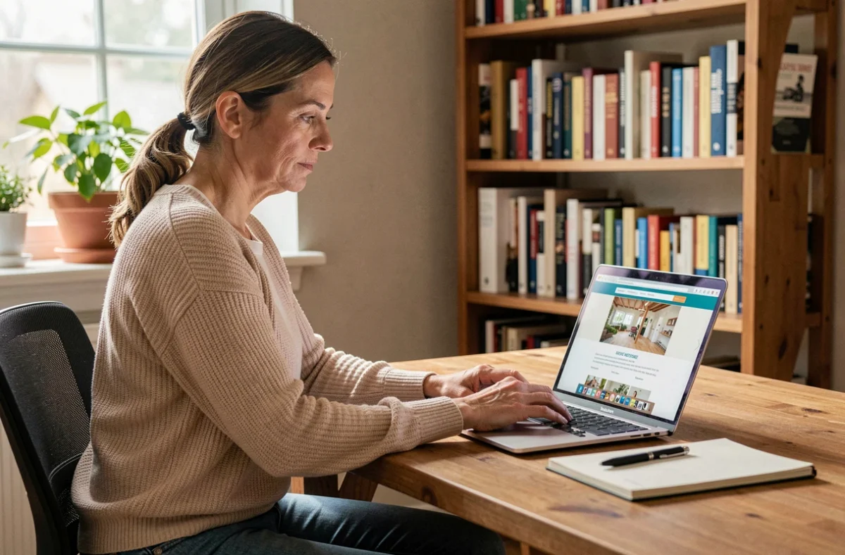 Une femme recherche une femme de ménage en ligne sur son ordinateur portable dans un bureau à domicile confortable