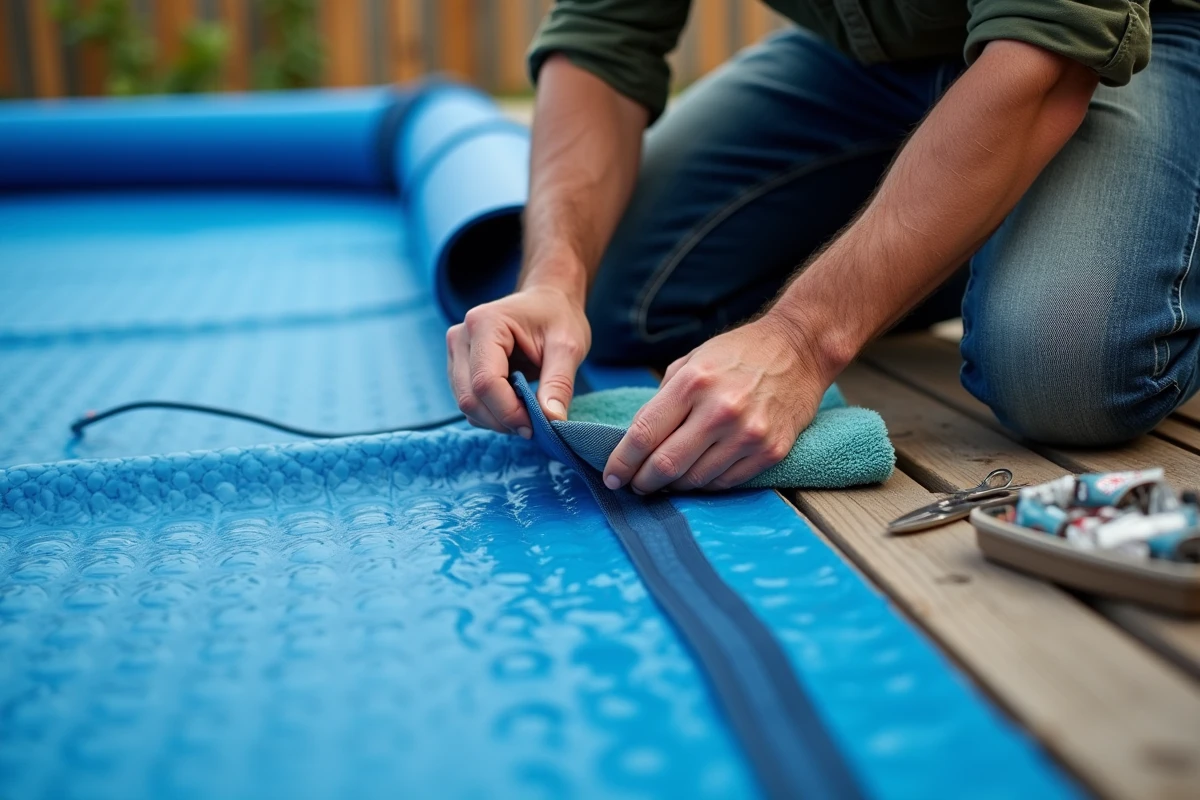 Homme en train de recoudre une bâche à bulle de piscine déchirée avec une aiguille et du fil résistant sur une terrasse en bois