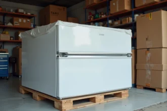 Réfrigérateur couché sur le dos dans un garage entouré de cartons de déménagement