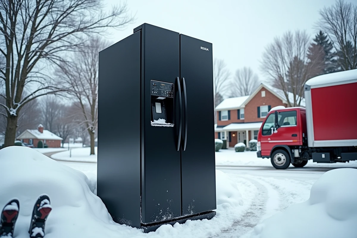 Réfrigérateur couché dans une allée enneigée en hiver à côté d'un camion de déménagement