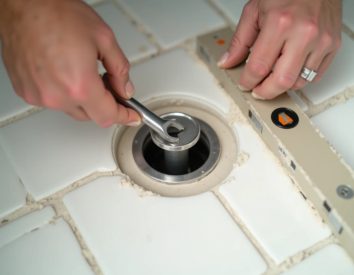 Gros plan sur la pose et le réglage du siphon d'un receveur de douche extra plat avec pente intégrée