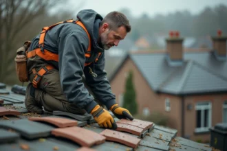 Homme couvreur en action sur un toit résidentiel en rénovation