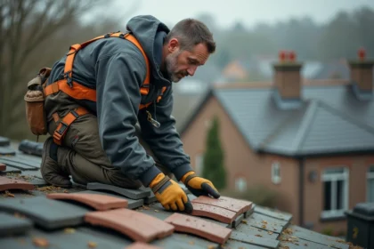 Homme couvreur en action sur un toit résidentiel en rénovation