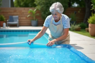 Femme examinant une bâche à bulle de piscine abîmée sur une terrasse extérieure, prête à effectuer une réparation