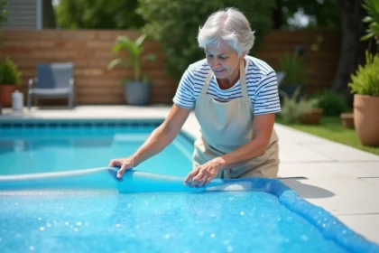 Femme examinant une bâche à bulle de piscine abîmée sur une terrasse extérieure, prête à effectuer une réparation