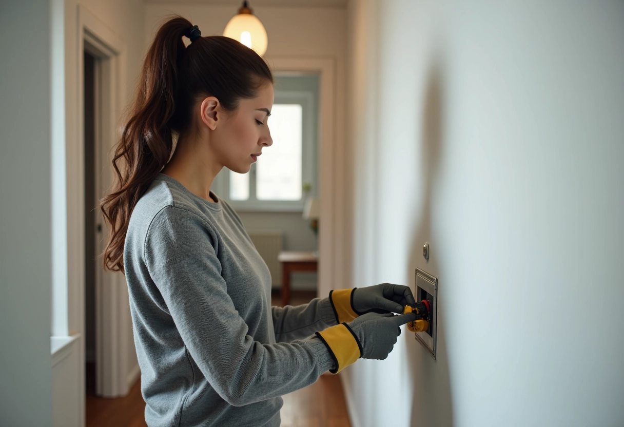 Jeune femme remplaçant une boite de dérivation électrique dans un couloir
