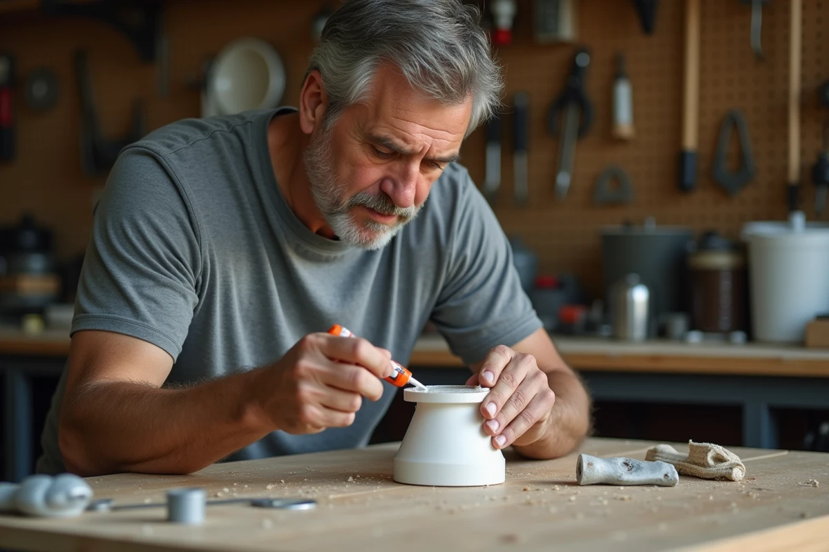 Homme réparant une chaise en plastique cassée avec de la super glue dans un atelier de bricolage