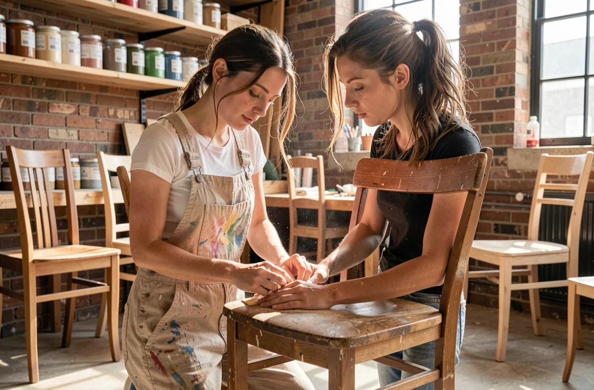 Jeune femme restaurant une chaise en bois vintage dans un atelier artisanal urbain, démarche écologique et créative