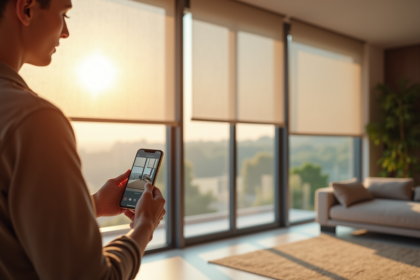 Salon moderne avec volets roulants connectes et smartphone