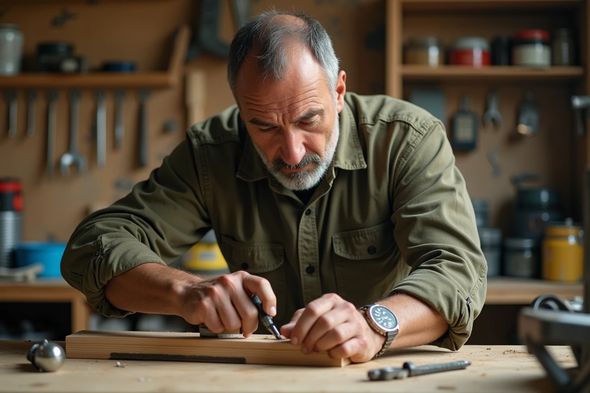 Homme en atelier vissant à l'envers avec un tournevis plat sur une étagère en bois