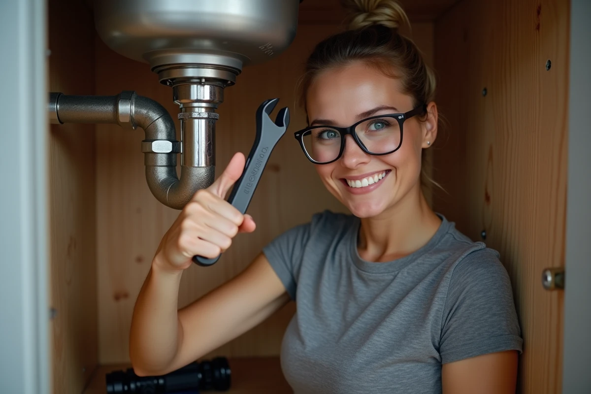 Femme démontrant le sens antihoraire pour dévisser un raccord de plomberie sous un évier