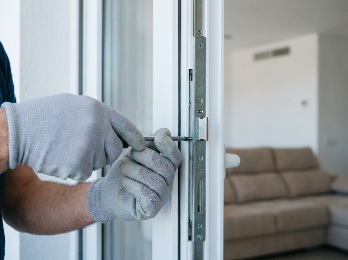 Gros plan sur un mécanisme de verrouillage multipoints installé sur une fenêtre en PVC pour sécuriser un appartement