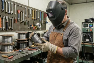 Soudeur examinant une bobine de fil fourré Parkside dans un atelier de soudure professionnel
