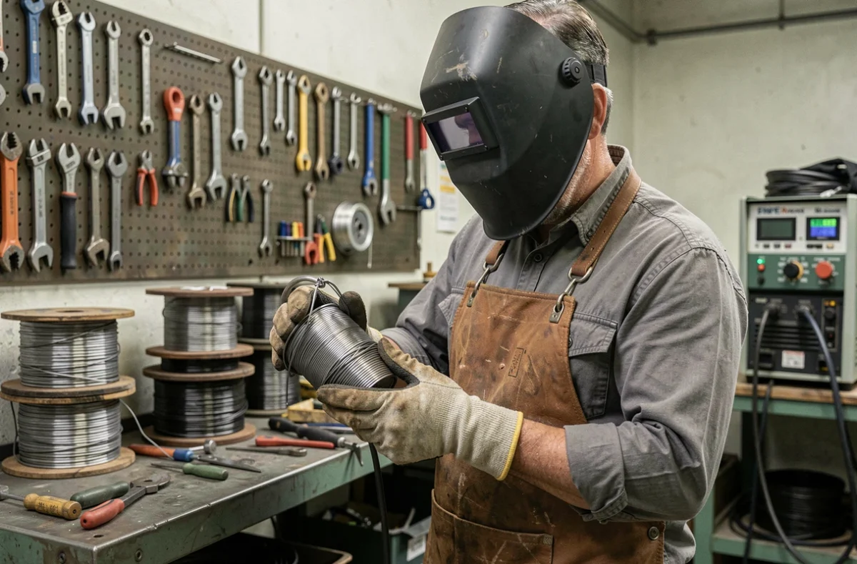 Soudeur examinant une bobine de fil fourré Parkside dans un atelier de soudure professionnel