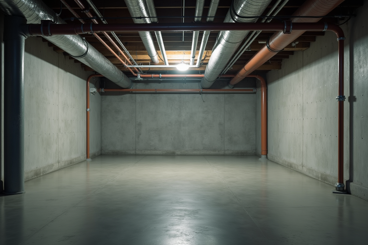 Sous-sol non aménagé avec murs en béton et tuyaux apparents