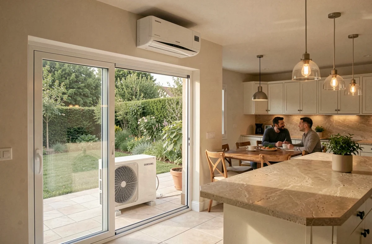 Vue d'ensemble d'un système multi-split Samsung air air avec unité intérieure et extérieure dans une maison moderne