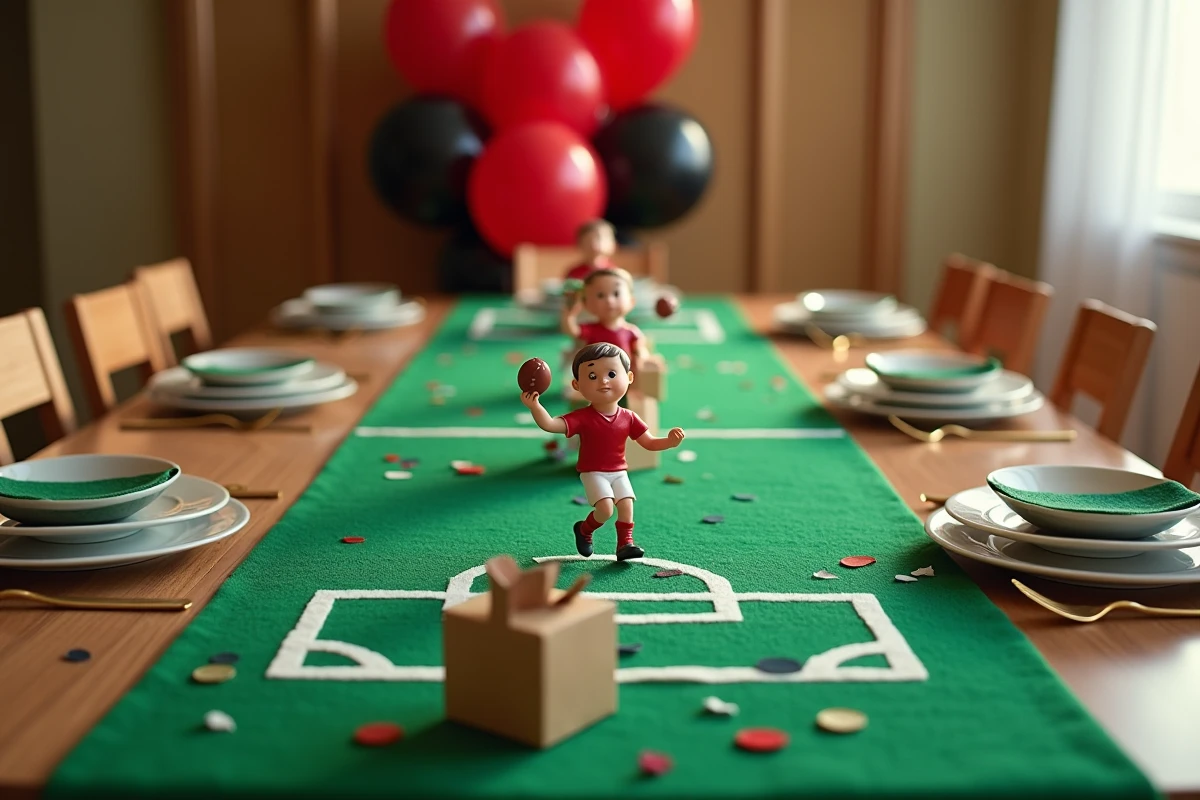 Table d'anniversaire décorée sur le thème du football avec chemin de table terrain de foot, ballons et figurines de joueurs