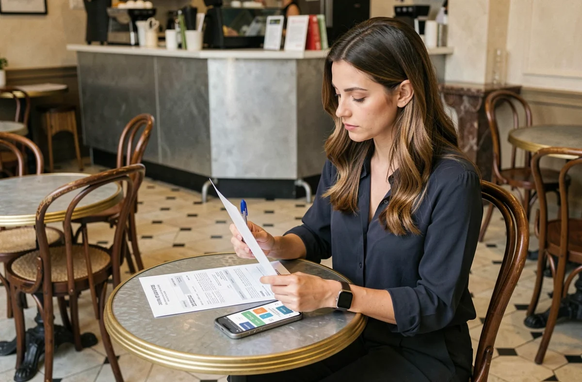 Femme consultant une facture de service de ménage et un comparateur de prix sur smartphone dans un café parisien