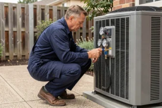 Technicien HVAC inspectant les manomètres d'une pompe à chaleur résidentielle sur une terrasse extérieure