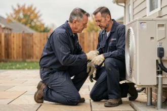 Technicien HVAC inspectant une pompe à chaleur extérieure dans un jardin résidentiel en automne