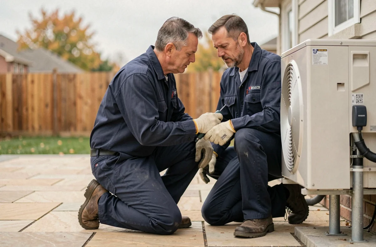 Technicien HVAC inspectant une pompe à chaleur extérieure dans un jardin résidentiel en automne