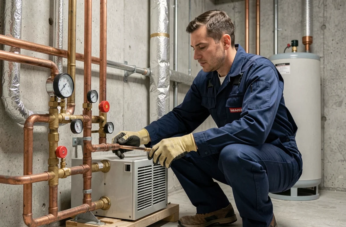 Technicien en installation de pompe à chaleur air eau vérifiant les raccordements hydrauliques dans une chaufferie