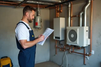 Homme en salopette vérifiant manuel pompe à chaleur moderne