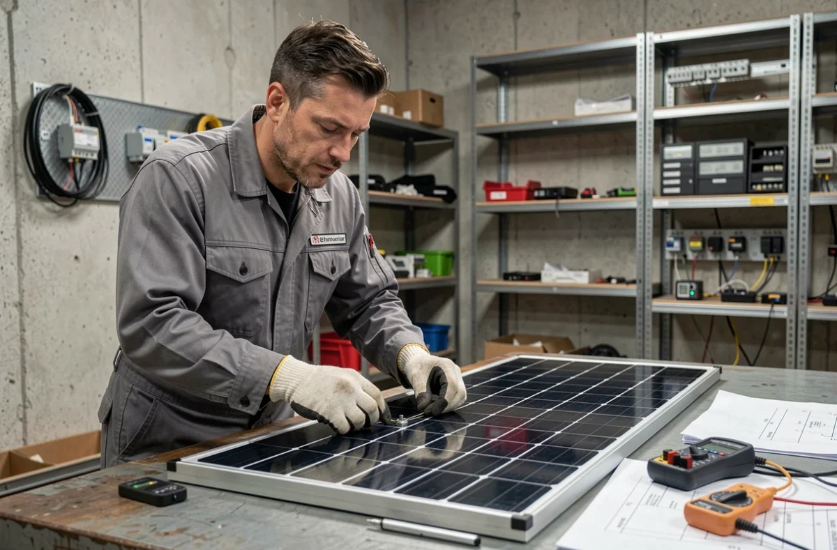 Technicien inspectant un panneau solaire hybride dans un atelier de maintenance
