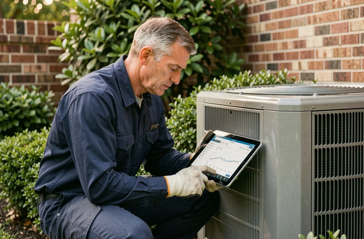 Technicien en chauffage consultant les données de fonctionnement d'une pompe à chaleur sur une tablette numérique