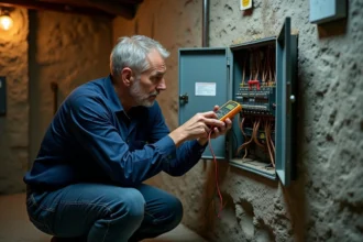 Électricien testant la mise à la terre d'un tableau électrique ancien dans une cave avec un multimètre numérique