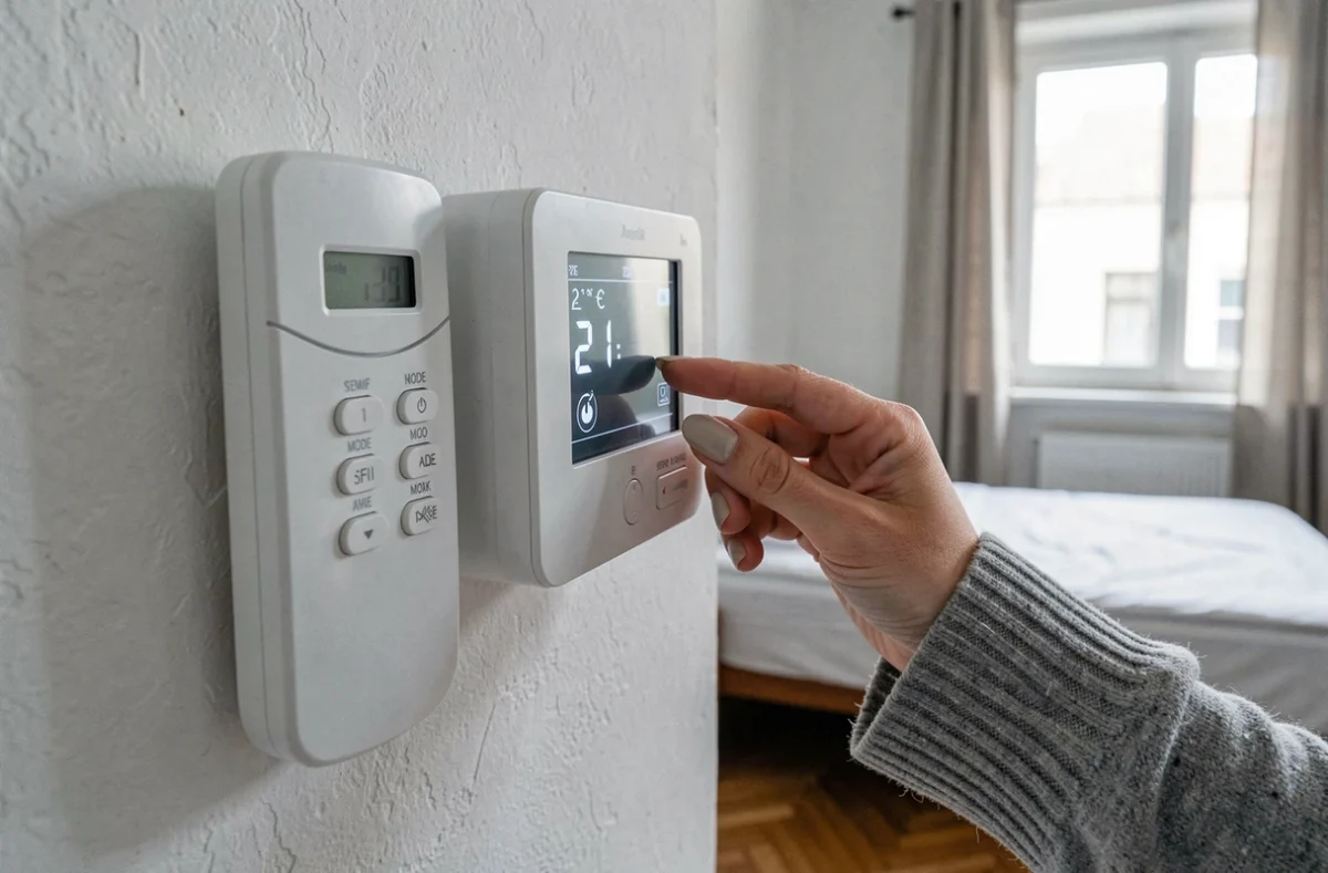 Thermostat numérique et télécommande d'une pompe à chaleur air-air réglée dans un petit appartement studio