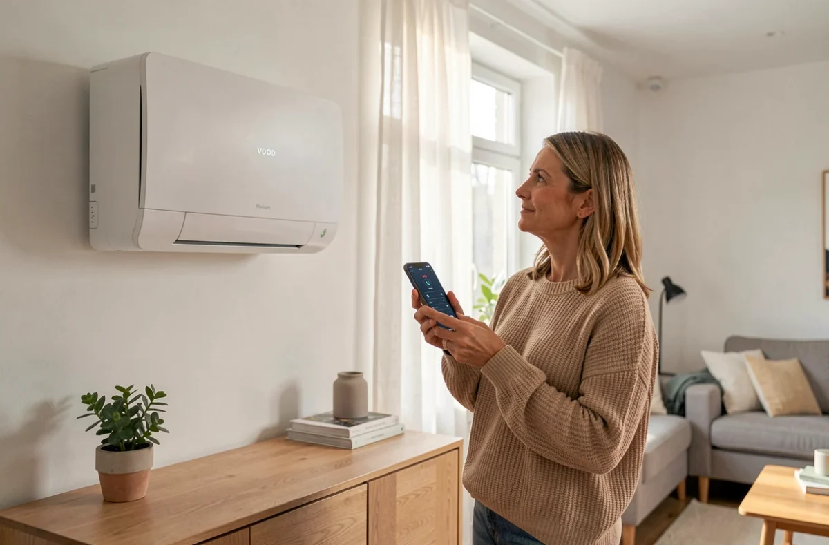 Femme consultant son application de thermostat connecté devant l'unité intérieure d'une pompe à chaleur dans un salon moderne