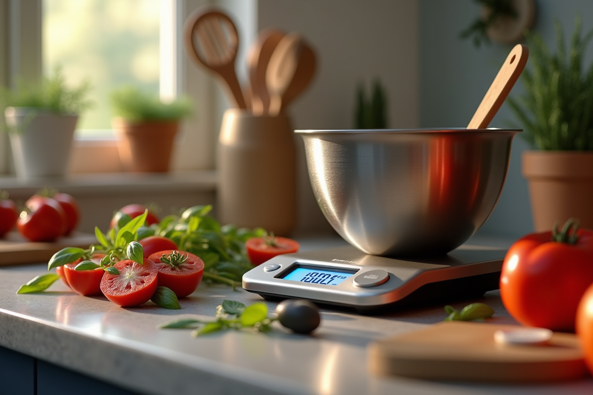 Ustensiles de cuisine et balance digitale avec ingrédients frais