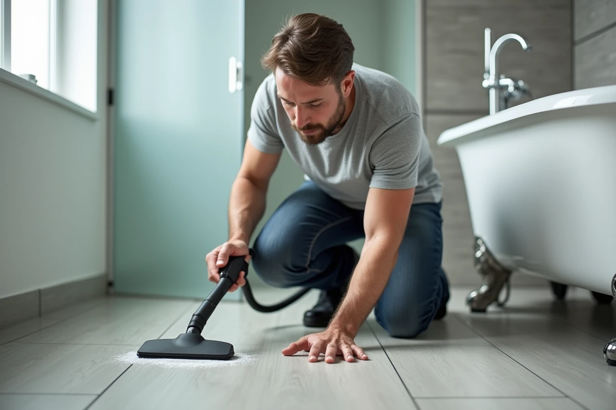 Homme utilisant un nettoyeur vapeur Lidl avec embout sol pour nettoyer les joints de carrelage dans une salle de bain