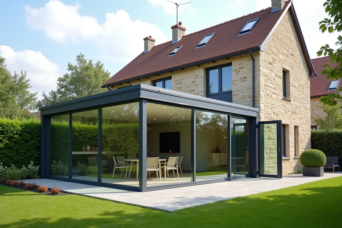 Véranda moderne en aluminium anthracite et vitrage double sur maison de banlieue avec terrasse pavée et jardin