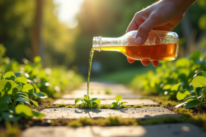 Main versant du vinaigre sur mauvaises herbes entre pavés