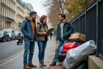 Trois voisins discutent devant des objets encombrants dans Paris