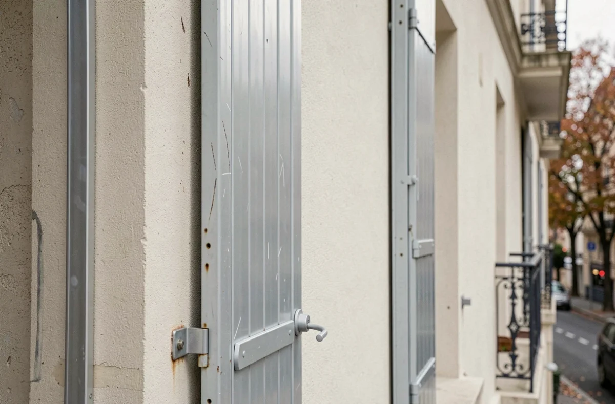 Gros plan sur deux volets battants aluminium aux teintes inégales sur un immeuble contemporain parisien