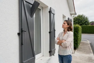 Femme observant un volet battant aluminium anthracite déformé sur la façade d'une maison moderne en banlieue