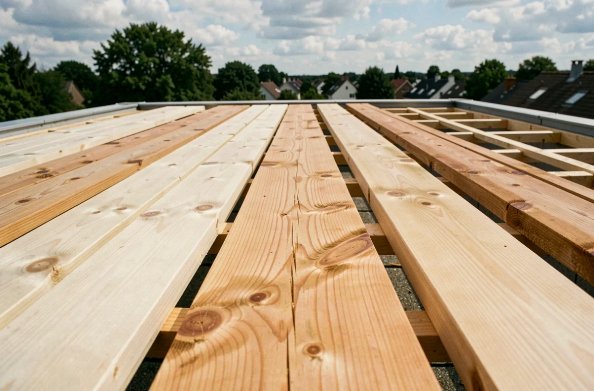Voliges en bois de pin posées sur une charpente de toiture en cours de construction